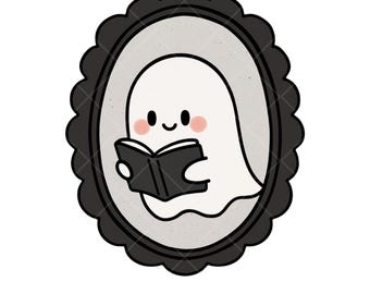 読書中の幽霊 PNG | ステッカー用の本っぽいデザイン | かわいいハロウィンクリップアート | 商用利用可能なデジタルアート | ステッカー、マグカップ、シャツ用のPNG