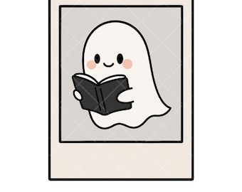 読書中の幽霊 PNG | ステッカー用の本っぽいデザイン | かわいいハロウィンクリップアート | 商用利用可能なデジタルアート | ステッカー、マグカップ、シャツ用のPNG