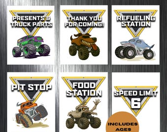 Printable Monster Truck Birthday Party Signs, Table set, Instant Download, Thank you sign, Snacks, Food, Pit Stop 8 x 10 PNG