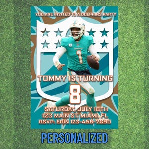 May include: A personalized birthday invitation featuring a football player in a teal and white uniform with the number 1 on the front. The invitation is for Tommy's 8th birthday party and includes the date, time, and location. The background is a teal and brown color scheme with a football helmet shape.