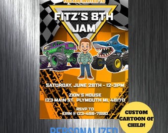 Monster Truck Cartoon Invitation with Custom Photo: Printable Birthday Party