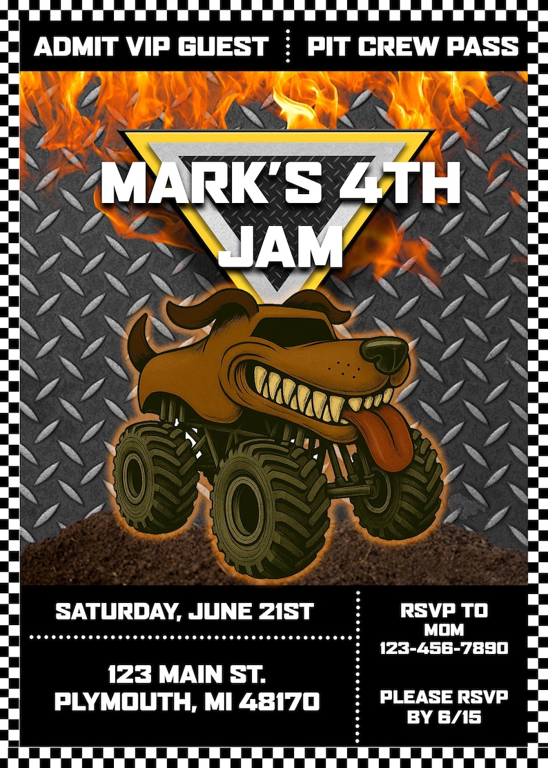May include: A party invitation with a monster truck graphic. The invitation reads "MARK'S 4TH JAM" with event details: Saturday, June 21st, 123 Main St., Plymouth, MI 48170. RSVP to MOM, 123-456-7890, by 6/15.