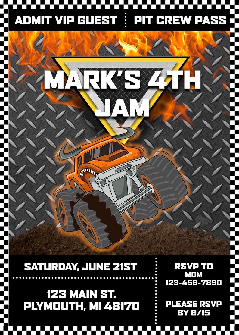 May include: An invitation for Mark's 4th Jam, featuring an orange monster truck design with flames. The invitation includes event details: Saturday, June 21st, 123 Main St., Plymouth, MI 48170, and RSVP information.