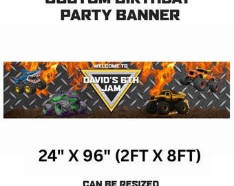 Banner de cumpleaños de Monster Truck personalizado: decoración de fiesta personalizada (descarga digital, 2 x 8 pies)