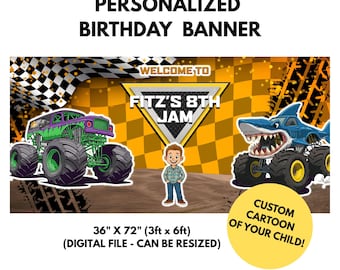 Custom Cartoon Monster Truck Birthday Banner: Personalized Digital Download
