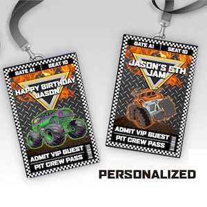 Monster Truck Pit Pass imprimable - Cartes d'équipage personnalisées pour fête d'anniversaire VIP Party Gift Png