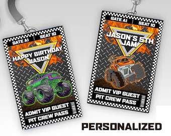 Monster Truck Pit Pass Printable - CUSTOM Crew Pass Birthday Party VIP Party Favor Pit Passes Png