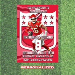 Kansas City Chiefs Birthday Football Invitation with Mahomes, Kelce Chiefs Party Invitation, CUSTOM , Digital Download ANY AGE