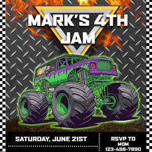 May include: A vibrant invitation for "Mark's 4th Jam" featuring a monster truck illustration. The design includes a purple and green truck, flames, and event details: Saturday, June 21st, 123 Main St., Plymouth, MI 48170. RSVP by 6/15.