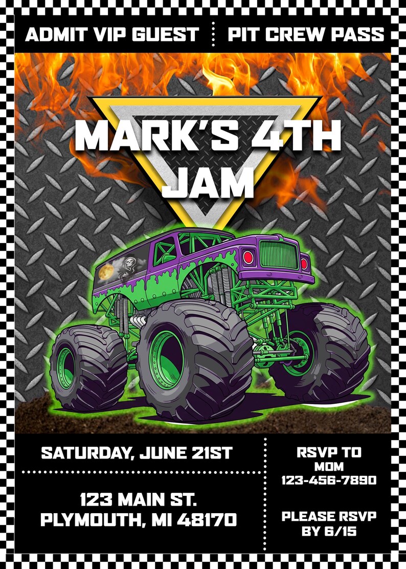 May include: A vibrant invitation for "Mark's 4th Jam" featuring a monster truck illustration. The design includes a purple and green truck, flames, and event details: Saturday, June 21st, 123 Main St., Plymouth, MI 48170. RSVP by 6/15.