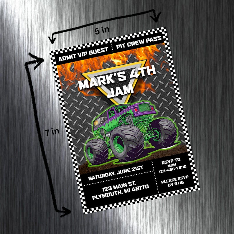 May include: A rectangular invitation card, 5 inches wide and 7 inches tall, with a monster truck graphic. The card reads "Mark's 4th Jam" and includes event details, RSVP information, and the address in Plymouth, MI. The design features flames and a diamond plate background.