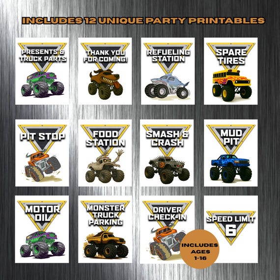 Monster Truck Birthday Party Signs: Pit Stop, Food, Smash (Digital Download)