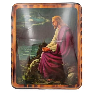 Vintage Jesus In Prayer On Wood Glazed Religious Wall Plaque 11x9