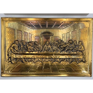 Vintage The Last Supper Embossed Brass Relief Wood Plaque Wall Art Decor 15x9