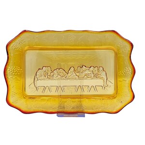 Vintage The Last Supper Plate Tiara Glass Amber Bread Platter Serving Dish 11x7