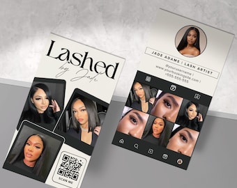 May include: A business card for a lash artist named Jade Adams. The card features a black and white design with a QR code, a website address, a social media handle, and a phone number. The card also includes a collage of photos of different eye lash styles.