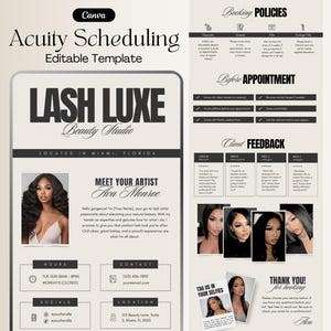 Könnte beinhalten: Eine digitale Vorlage für ein Schönheitsstudio mit dem Text "LASH LUXE Beauty Studio" und "Acuity Scheduling". Das Design umfasst Buchungsrichtlinien, Kundenfeedback und Kontaktinformationen. Die Vorlage ist editierbar und befindet sich in Miami, Florida.