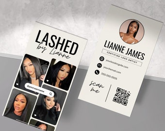 May include: A business card for a certified lash artist named Lianne James. The card features a photo of the artist, her business name, website, email address, phone number, and a QR code. The text "Scan me" is written below the QR code.