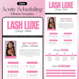 Acuity Scheduling Template, Lash Tech Acuity Scheduling, Lash Tech Website, Canva Template, Diy Editable Acuity Website, Pink Acuity Site