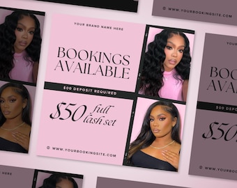Flyer pour la réservation de pose d'extensions de cils, Offre spéciale cils, Rendez-vous disponibles, Flyer pour les réseaux sociaux, Flyer de rendez-vous maquillage, coiffure, cils, ongles, Modèle Canva à faire soi-même
