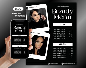 Modèle de liste de prix, flyer de vente bricolage, flyer offres spéciales lots, modèle toile modifiable minimaliste, cils tech, nail tech, coiffeur