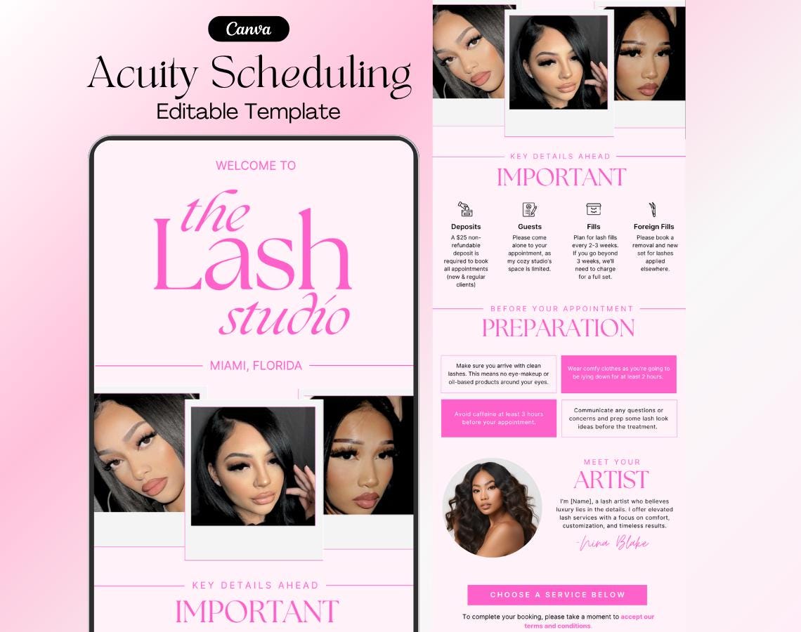Acuity Scheduling Template, Lash Tech Acuity Scheduling, Lash Tech Website, Canva Template, Editable Acuity Website, Pink Acuity Website