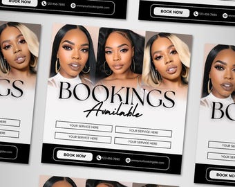 Folheto de reserva de cílios, oferta de cílios, agendamentos disponíveis, folheto de mídia social, folheto de agendamento de maquiagem, cabelo, cílios, unhas, modelo Canva faça você mesmo