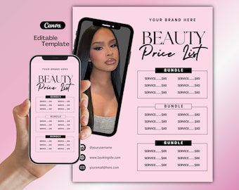 Modèle de liste de prix beauté, Flyer Lash Tech, Offres Lash Tech, Modèle canevas, Liste de prix modifiable, Ongles, Perruques, Flyer cheveux roses