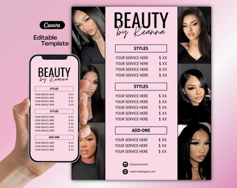 Modèle de liste de prix, flyer de vente bricolage, flyer offres spéciales lots, modèle toile modifiable minimaliste, cils tech, nail tech, coiffeur
