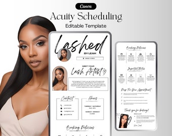 May include: A black and white digital template for scheduling appointments. The template features a photo of a woman with long black hair and makeup. The text "Lashed by Leah" is at the top of the template. The template includes sections for booking policies, important notes, and contact information.
