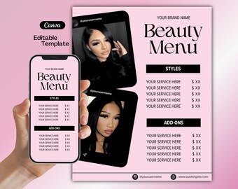 Liste de prix de produits de beauté, Flyer de liste de prix, Modèle de liste de prix, Flyer des offres groupées, Toile rose minimaliste, Lash Tech, Nail Tech, Coiffeur