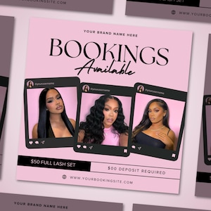 Könnte beinhalten: Rosa Werbegrafik mit dem Text "BOOKINGS Available" und drei Porträtfotos. Die Grafik enthält auch den Text "50 $ FULL LASH SET" und "00 $ DEPOSIT REQUIRED". Die Website-Adresse ist ebenfalls enthalten.
