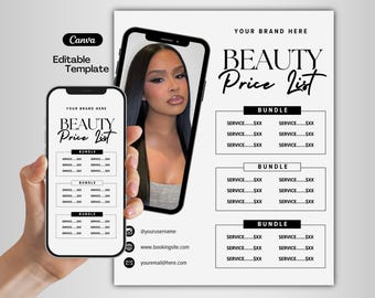 Modèle de liste de prix, flyer de vente bricolage, flyer offres spéciales lots, modèle toile modifiable minimaliste, cils tech, nail tech, coiffeur