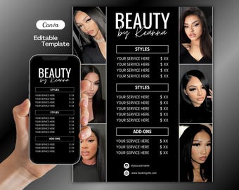 Modèle de liste de prix, flyer de vente bricolage, flyer offres spéciales lots, modèle toile modifiable minimaliste, cils tech, nail tech, coiffeur