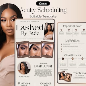 Könnte beinhalten: Eine hellbraune und weiße digitale Marketingvorlage für ein Wimpernstudio. Die Vorlage enthält eine Willkommensnachricht, ein Foto der Wimpernstylistin, eine Beschreibung der Dienstleistungen und ein Kontaktformular. Der Text auf der Vorlage lautet "Lashed By Jade", "Willkommen auf meiner Buchungsseite", "Lernen Sie Ihre Wimpernstylistin kennen", "Jade Adams", "Öffnungszeiten", "Kontaktinformationen", "Wichtige Hinweise", "Terminvereinbarung", "Kundenbewertungen" und "Vielen Dank für Ihre Buchung!"