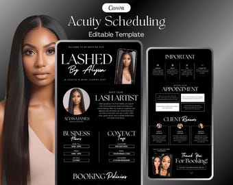 May include: Black and white graphic design template for an appointment booking site. The template features a photo of a woman with long black hair, the text "LASHED by Alysa", and the words "Meet Your Lash Artist".