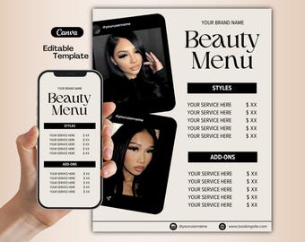 Modèle de liste de prix, flyer de vente bricolage, flyer offres spéciales lots, modèle toile modifiable minimaliste, cils tech, nail tech, coiffeur