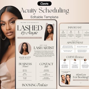 May include: A pink and white graphic with the text "LASHED by Angie" and a photo of a woman with long black hair. The graphic also includes information about the business, including the business hours, contact information, and booking policies.