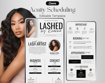Puede incluir: Una plantilla de marketing digital para una artista de pestañas, con un retrato de una mujer con cabello largo y oscuro. La plantilla incluye secciones para información de reservas, horario comercial, detalles de contacto y reseñas de clientes. El texto incluye "LASHED by Keanna" y "Acuity Scheduling".