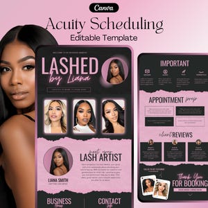 Könnte beinhalten: Eine rosa und schwarze Grafikdesign-Vorlage für die Website einer Wimpernstylistin. Die Vorlage enthält ein Foto der Wimpernstylistin, einen Bereich für Kundenbewertungen und ein Kontaktformular. Der Text auf der Vorlage lautet "LASHES by Liand", "Meet your Lash Artist", "Liana Smith", "Business Hours", "Contact Info", "Important", "Appointment Prep", "Client Reviews", und "Thank You for Booking".