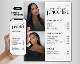 Liste de prix de produits de beauté, Flyer de liste de prix, Modèle de liste de prix, Flyer des offres groupées, Toile blanche minimaliste, Lash Tech, Nail Tech, Coiffeur