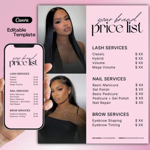 May include: A pink price list template with the text "your brand price list" in a stylish font. The list includes lash, nail, and brow services. The image also features two women and a phone displaying the price list.
