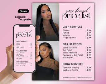 Beauty Price List, Price List Flyer, Price List Template, Bundle Deals Flyer, Minimalist Pink Canva, Lash Tech, Nail Tech, Hair Stylist