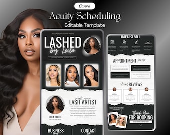 May include: A digital template for Acuity Scheduling, featuring a dark theme with the text "Lashed by Leila." The design includes images of lash artists, appointment prep instructions, and client reviews. The template is editable.