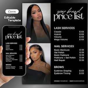 May include: A black and white price list template for beauty services, including lash, nail, and brow services. The template is held in a hand on a smartphone. The template also includes two headshots of women.