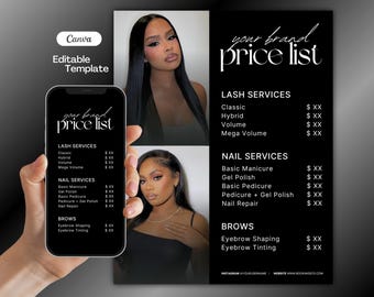 Modèle de liste de prix, flyer de vente bricolage, flyer offres spéciales lots, modèle toile modifiable minimaliste, cils tech, nail tech, coiffeur