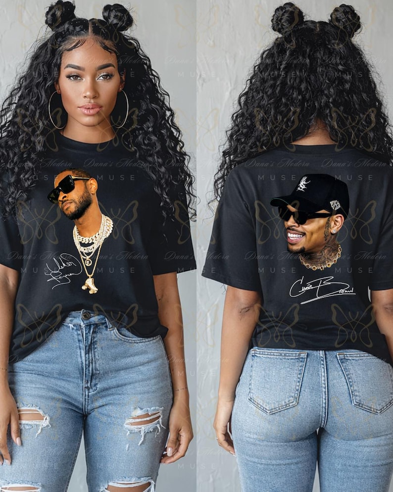 May include: A black short-sleeve t-shirt featuring a graphic print of a man wearing sunglasses and layered gold chains on the front, and a graphic print of a man wearing a black baseball cap and sunglasses on the back, with signatures included.