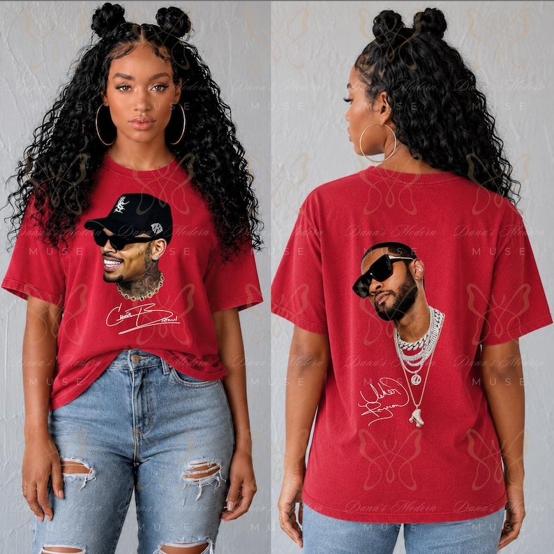 May include: A red short-sleeve t-shirt featuring a graphic print of a person wearing sunglasses, a baseball cap, and a chain necklace on the front, with a matching graphic of a person wearing sunglasses and layered chains on the back.