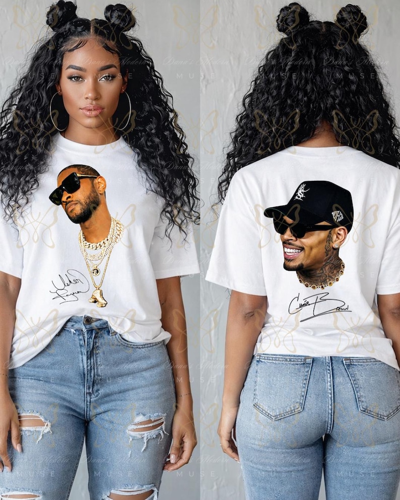 May include: A white short-sleeved t-shirt featuring a graphic print of a man wearing sunglasses and layered gold chains on the front, and a graphic print of a man wearing a black baseball cap and sunglasses on the back, with a signature below.
