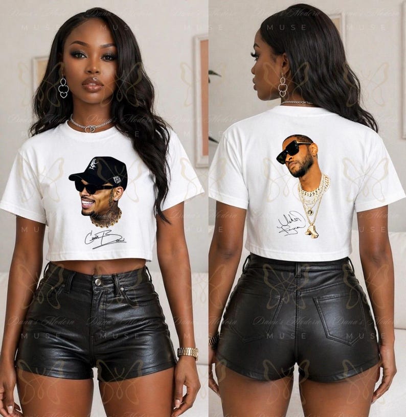 May include: A white short-sleeved crop top featuring a graphic print of a person wearing a black baseball cap and sunglasses on the front, and a graphic print of a person wearing sunglasses and layered necklaces on the back, paired with black shorts.